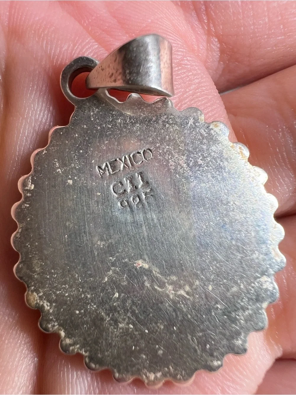Vintage CII Mexico Sterling Silver 925 Flower Concho Style Oval Disc Pendant